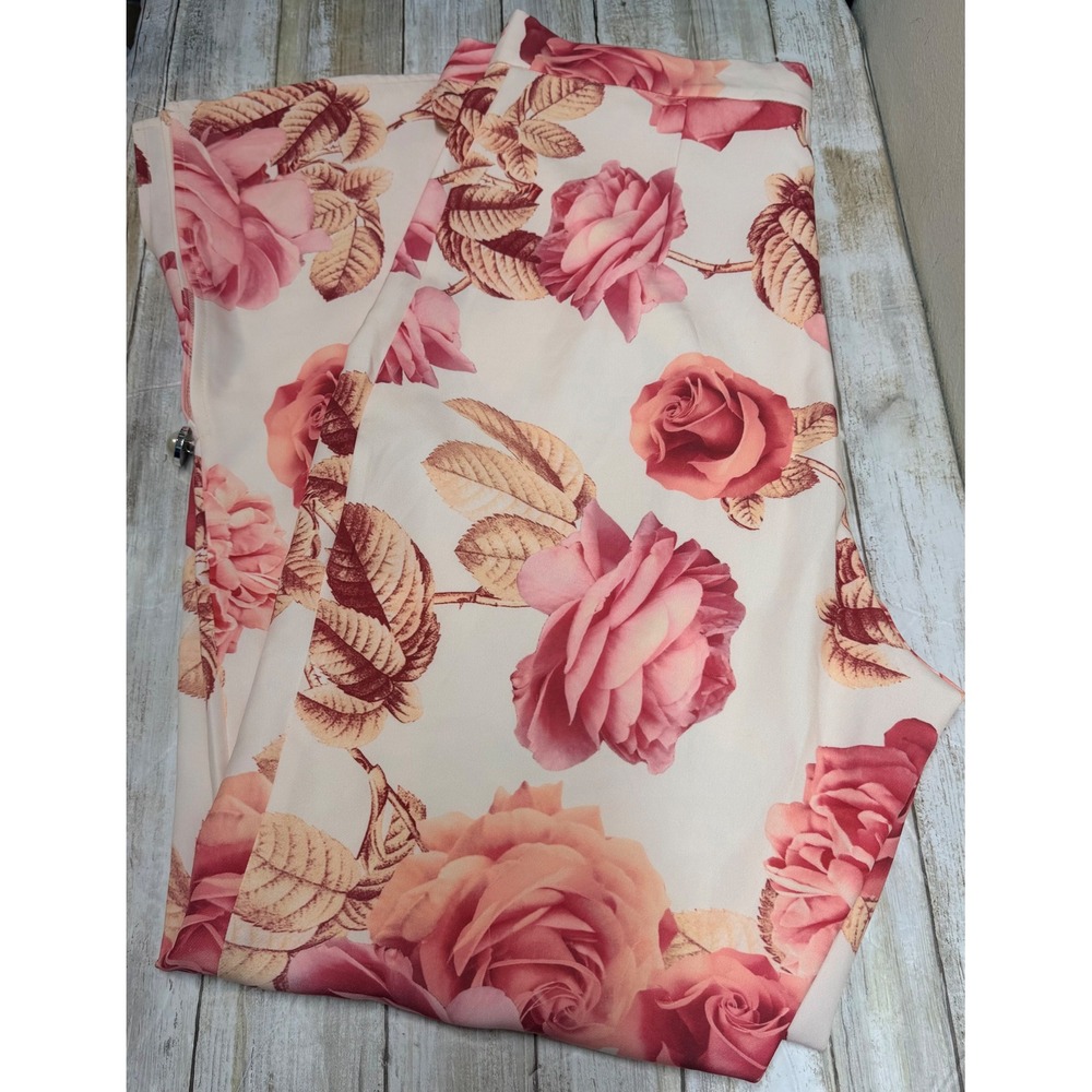 ASOS LUXE Womens Pink Floral‎ Wide Leg Pearl Button Pants Rose Print US 14 NEW